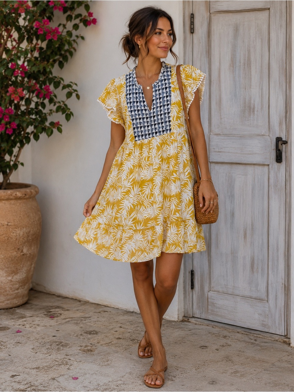 THML Yellow & Navy Printed V-Neck Midi Dress